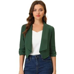 Summer Chiffon Bolero Shrug Blazer 3/4 Ruched Sleeve Open Front Cardigans Green